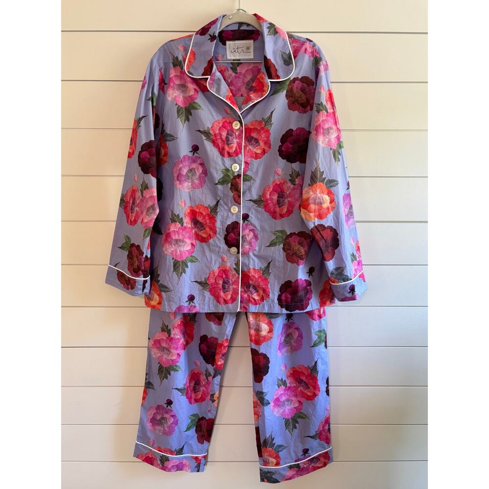 THE CAT’S PAJAMAS Women’s Cotton Floral Pajama Set— White Piping Trim Size M - Picture 2 of 7
